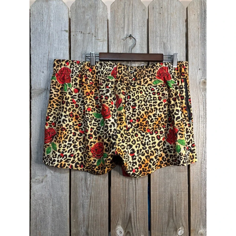 Bang! Miami Men Leopard Rose Print Swim Trunks Shorts 3XL Animal Floral Gold Red